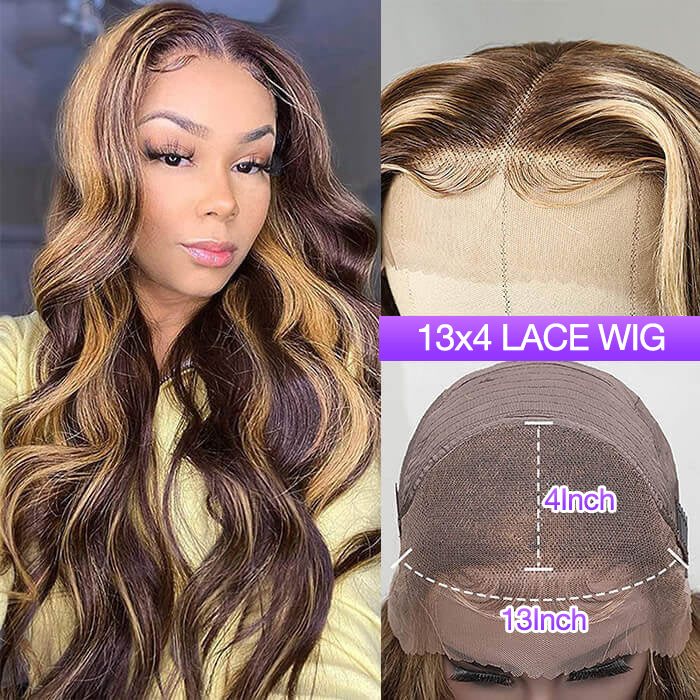 4/27 Honey Blonde Highlight Body Wave HD Lace Front Human Hair Wigs Free Part