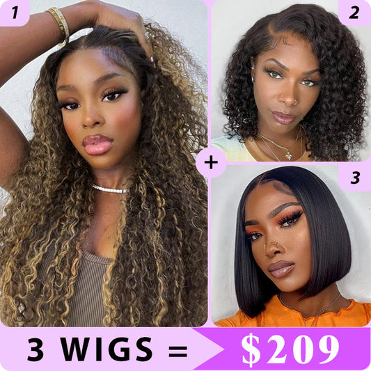 3 Wigs Set  | 8x5 Pre Cut Lace Glueless Curly Wig & Glueless Curly Short Bob Wigs & Straight 5x5 HD Lace Short Bob Wig