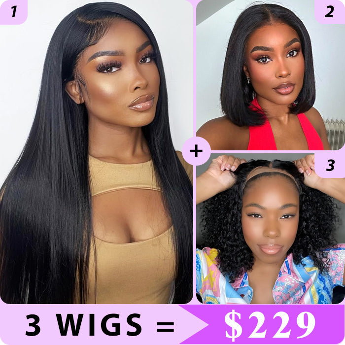 3 Wigs Set  | Silky Straight 13x4 HD Lace Wig & 8x5 Glueless Lace Curly Short Bob Wigs & Straight 5x5 HD Lace Short Bob Wig