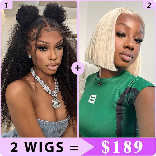 2 Wigs Set | Curly Hair 13x4 HD Lace Frontal Wig & #613 Blonde 5x5 HD Lace Bob Wig