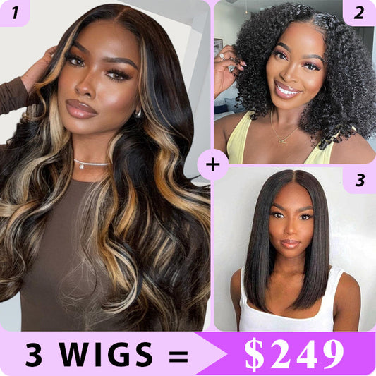 3 Wigs Set  | #1B/27 Highlight Body Wave 8x5 Pre Cut Lace Wig & Glueless  Curly Short Bob Wigs & Straight 5x5 HD Lace Short Bob Wig