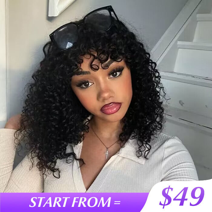 Glueless Top 2x4 Lace Curly Short Bob Wig With Bangs Human Hair Wigs Beginner Friendly