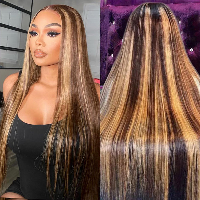 300% Density #4/27 Highlight Straight Wigs 13x4 HD Lace Front Glueless Human Hair Wigs