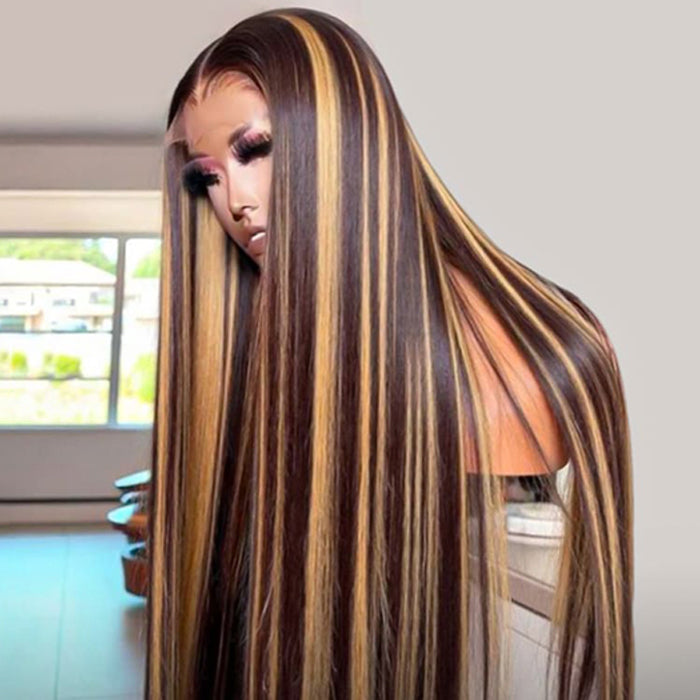 300% Density #4/27 Highlight Straight Wigs 13x4 HD Lace Front Glueless Human Hair Wigs