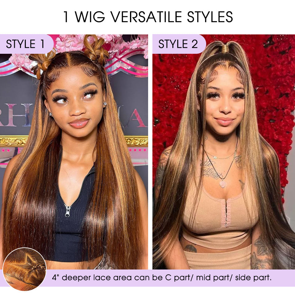 300% Density #4/27 Highlight Straight Wigs 13x4 HD Lace Front Glueless Human Hair Wigs