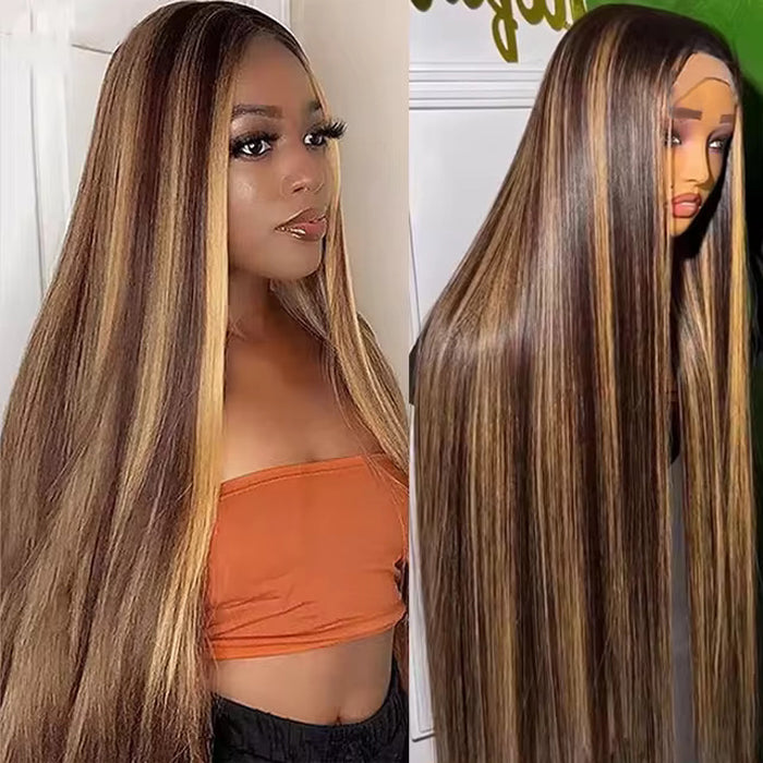 300% Density #4/27 Highlight Straight Wigs 13x4 HD Lace Front Glueless Human Hair Wigs