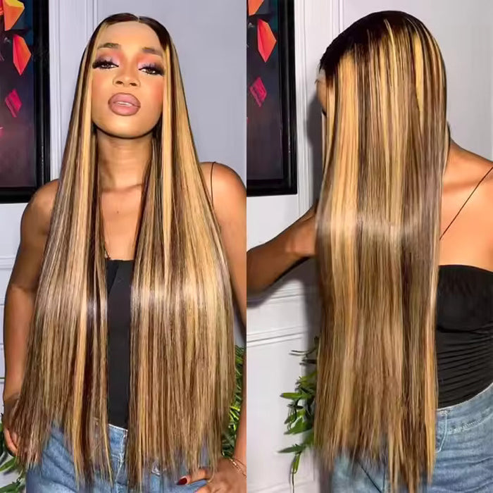 300% Density #4/27 Highlight Straight Wigs 13x4 HD Lace Front Glueless Human Hair Wigs