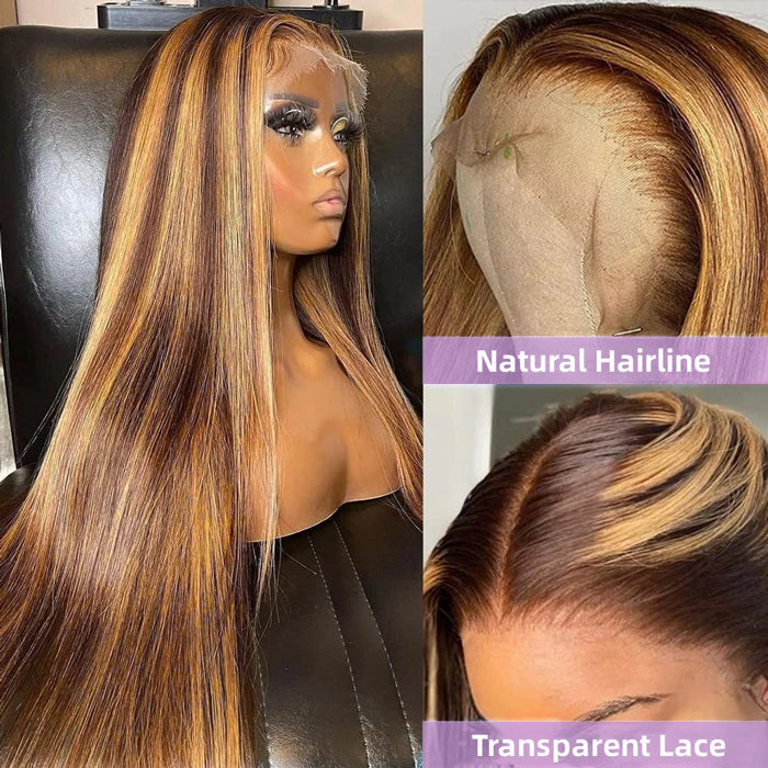 300% Density #4/27 Highlight Straight Wigs 13x4 HD Lace Front Glueless Human Hair Wigs