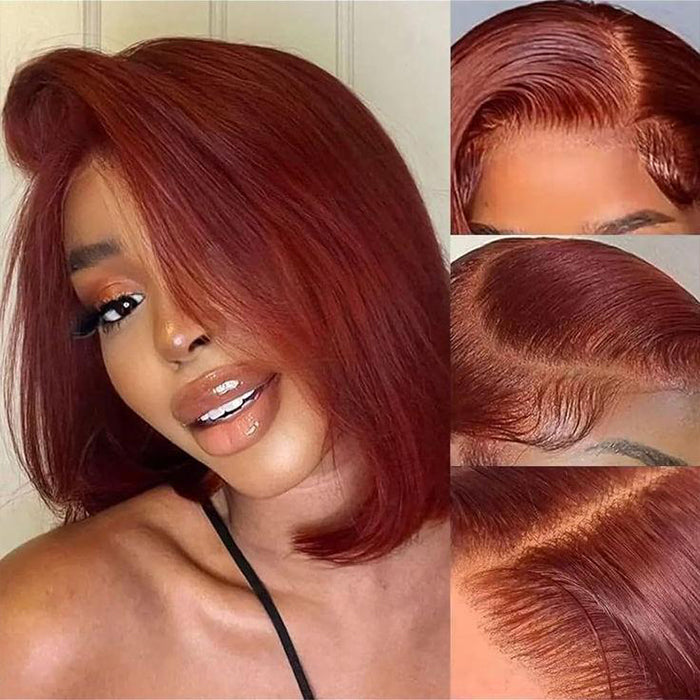 #33 Reddish Brown Color Body Wave 13x4/5x5 HD Lace Frontal Wigs Short Bob Red Brown Wig 220% Density