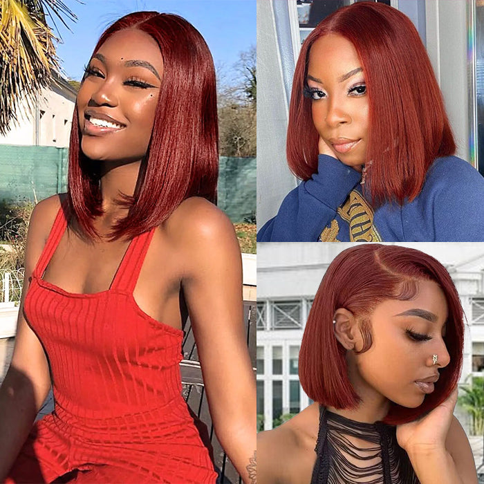#33 Reddish Brown Color Straight Short Bob Red Brown Wig 13x4 Bob Lace Frontal Wigs 220% Density