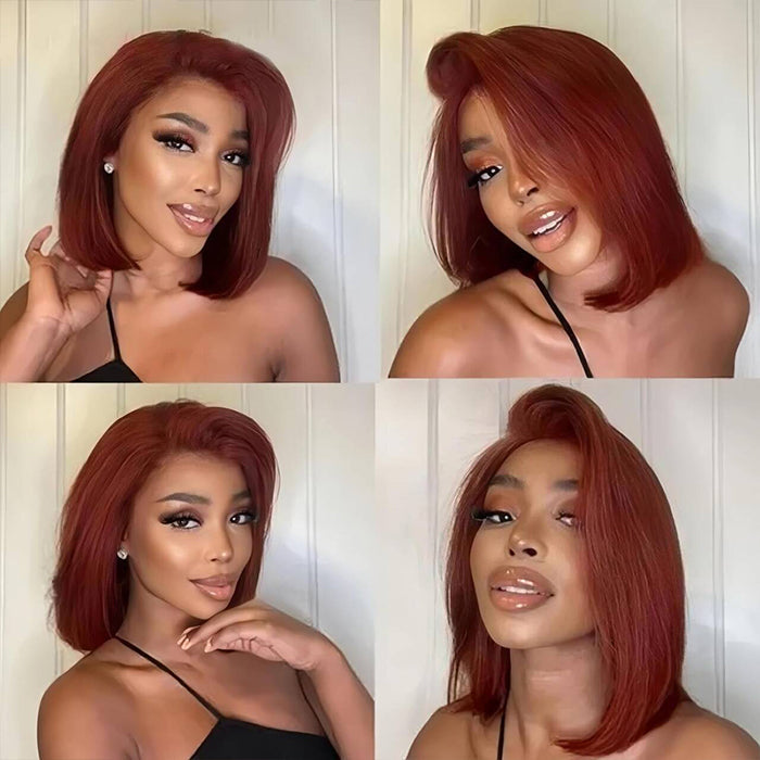 #33 Reddish Brown Color Straight Short Bob Red Brown Wig 13x4 Bob Lace Frontal Wigs 220% Density