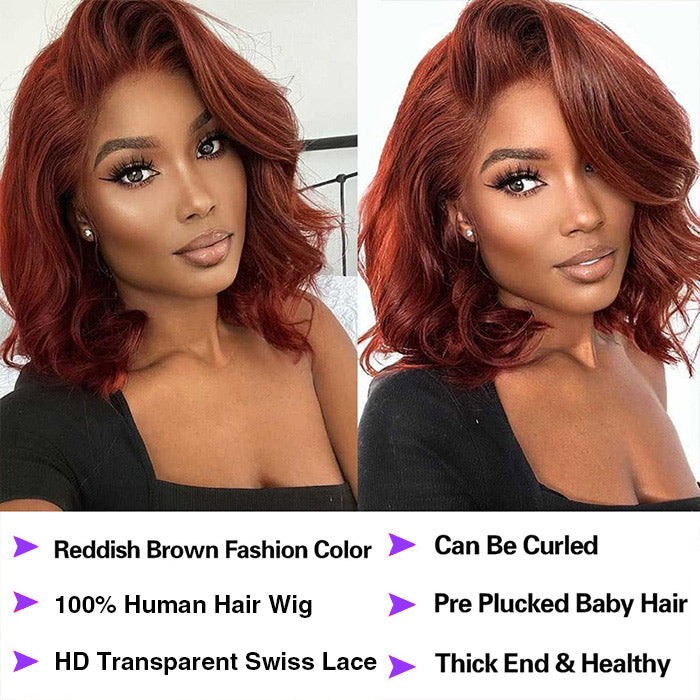 #33 Reddish Brown Color Straight Short Bob Red Brown Wig 13x4 Bob Lace Frontal Wigs 220% Density
