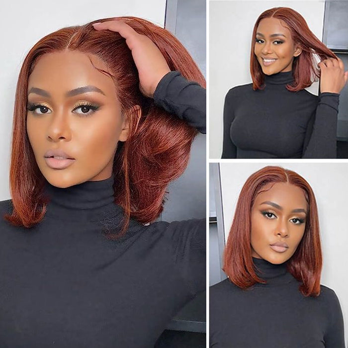 #33 Reddish Brown Color Straight Short Bob Red Brown Wig 13x4 Bob Lace Frontal Wigs 220% Density