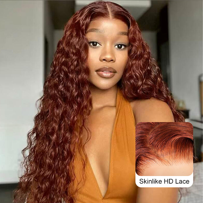 #33 Reddish Brown Water Wave Glueless Wig Big Parting 8*5 HD Lace Closure Wigs Ready To Wear