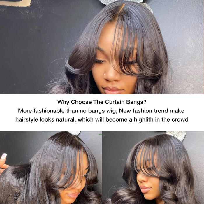 Body Wave Curtain Bangs 8x5 Glueless HD Lace Closure Wig and 13x4 Frontal Wig Put On And Go