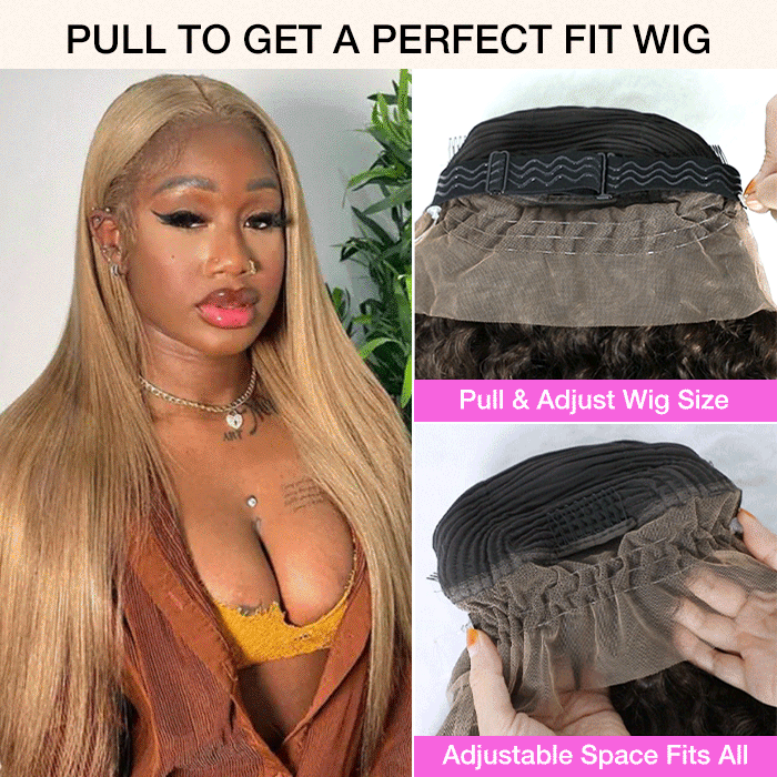 #27 Honey Blonde Color Invisible-Pull String 360 Lace Frontal Wigs Glueless HD Lace Wigs With Pre Plucked