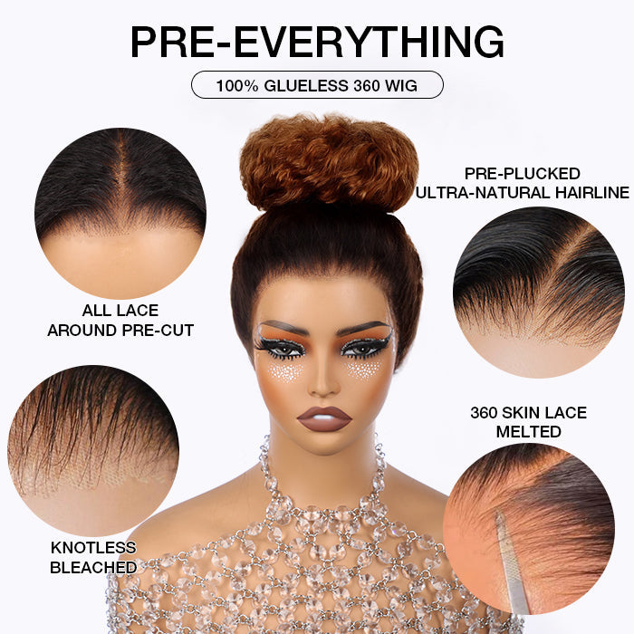 Brown Colored Kinky Straight Invisi String Snug Fit 360 Melting Lace Frontal Glueless Wig Human Hair