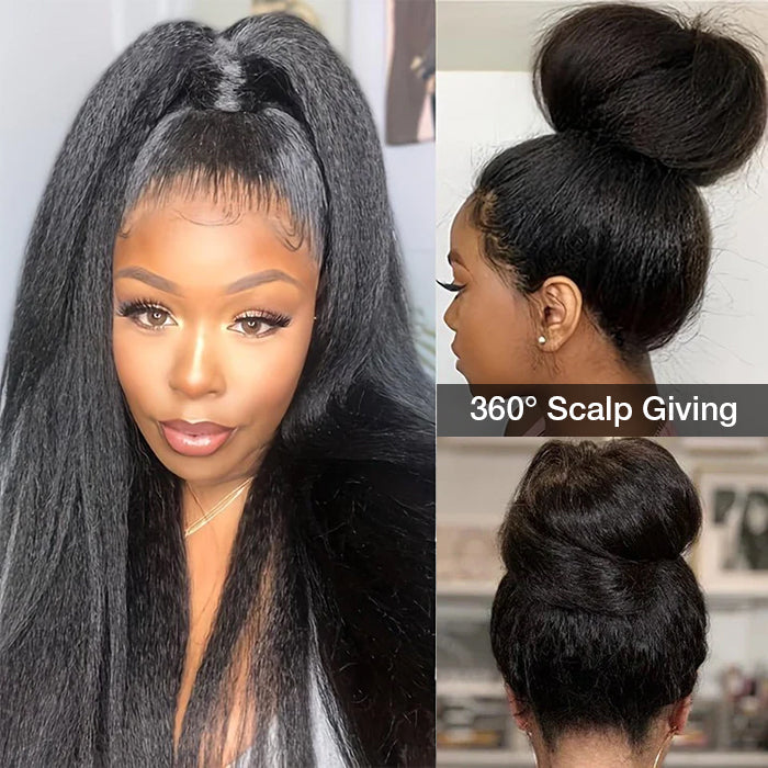 Glueless Kinky Straight Invisible-String Snug Fit 360 Full Lace Pre Plucked & Bleached HD Lace Wigs