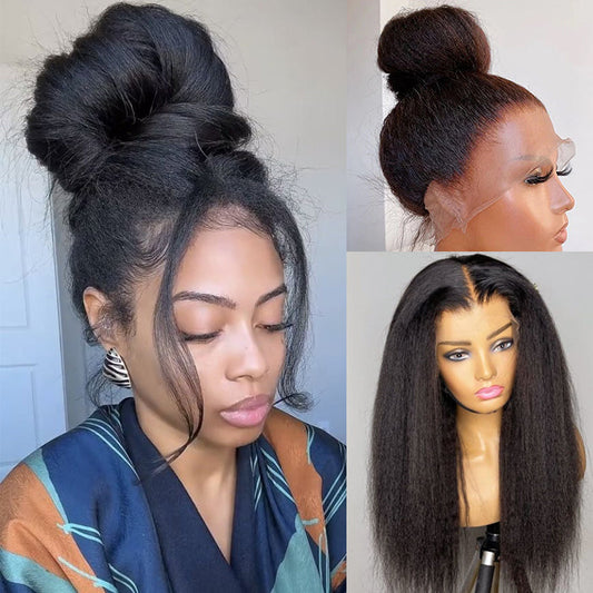 Kinky Straight Invisible-String Snug Fit 360 Full Lace Pre Plucked & Bleached HD Lace Glueless Wigs