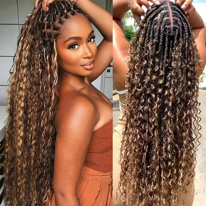 Boho Braided Wigs Ombre Highlight Brown Color Water Wave Pull Go Drawstring 13x6 HD Lace Frontal Human Hair Wigs