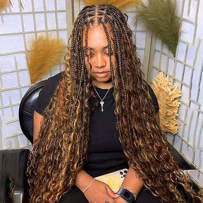 Boho Braided Wigs Ombre Highlight Brown Color Water Wave Pull Go Drawstring 13x6 HD Lace Frontal Human Hair Wigs
