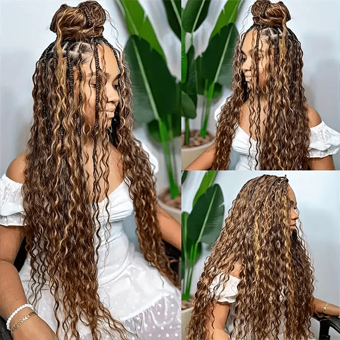 Boho Braided Wigs Ombre Highlight Brown Color Water Wave Pull Go Drawstring 13x6 HD Lace Frontal Human Hair Wigs