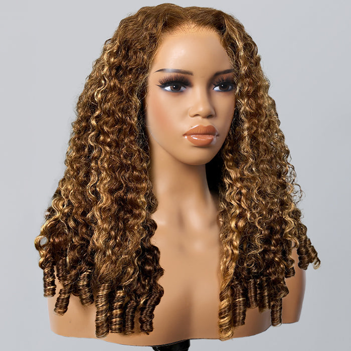 Highlight Burmese Curly with Finger Coil Ends Glueless 13x6 HD Lace Frontal Human Hair Wigs with Elastic Drawstring Friendly To All Heads