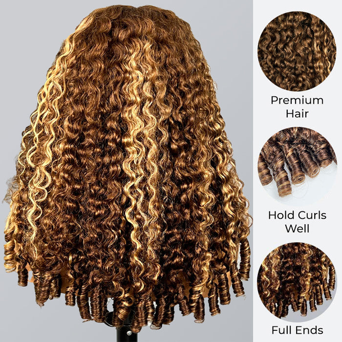 Highlight Burmese Curly with Finger Coil Ends Glueless 13x6 HD Lace Frontal Human Hair Wigs with Elastic Drawstring Friendly To All Heads
