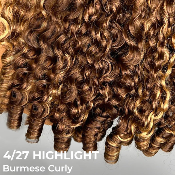 Highlight Burmese Curly with Finger Coil Ends Glueless 13x6 HD Lace Frontal Human Hair Wigs with Elastic Drawstring Friendly To All Heads