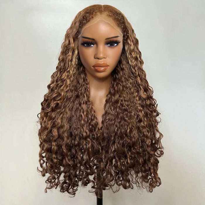 4C Edge Glueless Wigs Brown Highlight Water Wave Wigs 13x4 13x6 Invisible HD Lace Front Wigs with Drawstring Beginner Friendly