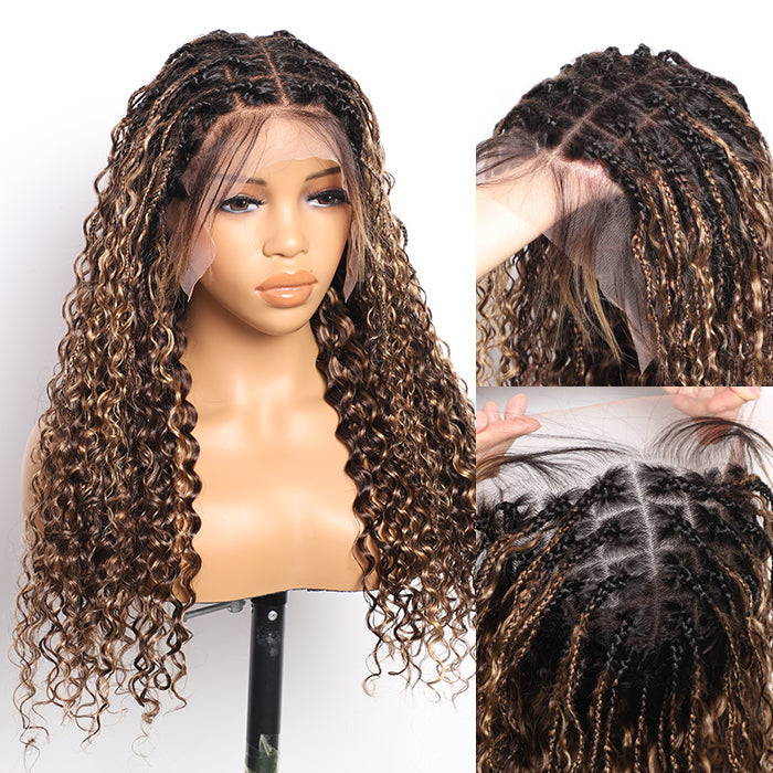 Boho Braided Wigs Ombre Highlight Brown Color Water Wave Pull Go Drawstring 13x6 HD Lace Frontal Human Hair Wigs