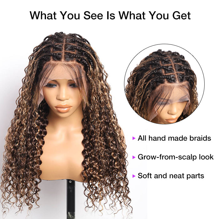 Boho Braided Wigs Ombre Highlight Brown Color Water Wave Pull Go Drawstring 13x6 HD Lace Frontal Human Hair Wigs