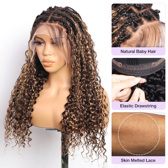 Boho Braided Wigs Ombre Highlight Brown Color Water Wave Pull Go Drawstring 13x6 HD Lace Frontal Human Hair Wigs