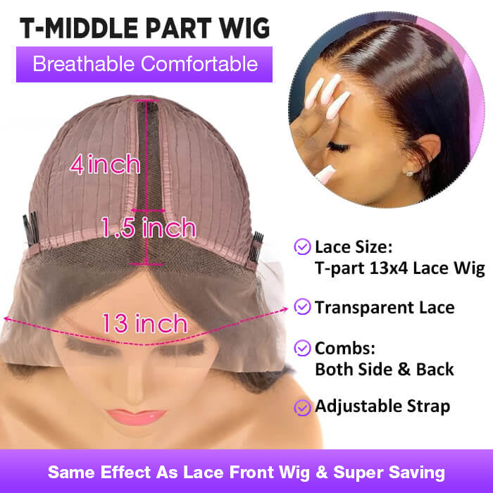 Middle Part 13x4 T-Part Lace Front Wigs for Black Women Human Hair Pre Plucked Glueless Brazilian Virgin Hair