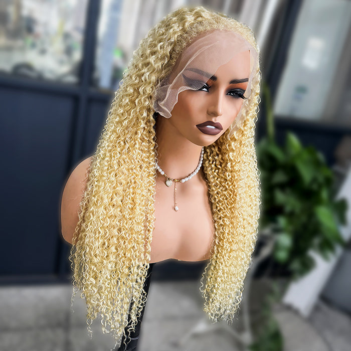 220% Density 4C Curly Edges Hairline 613 Blonde Curly Glueless Pre Cut HD Lace Wig With Realistic & Natural Hairline Baby Hair
