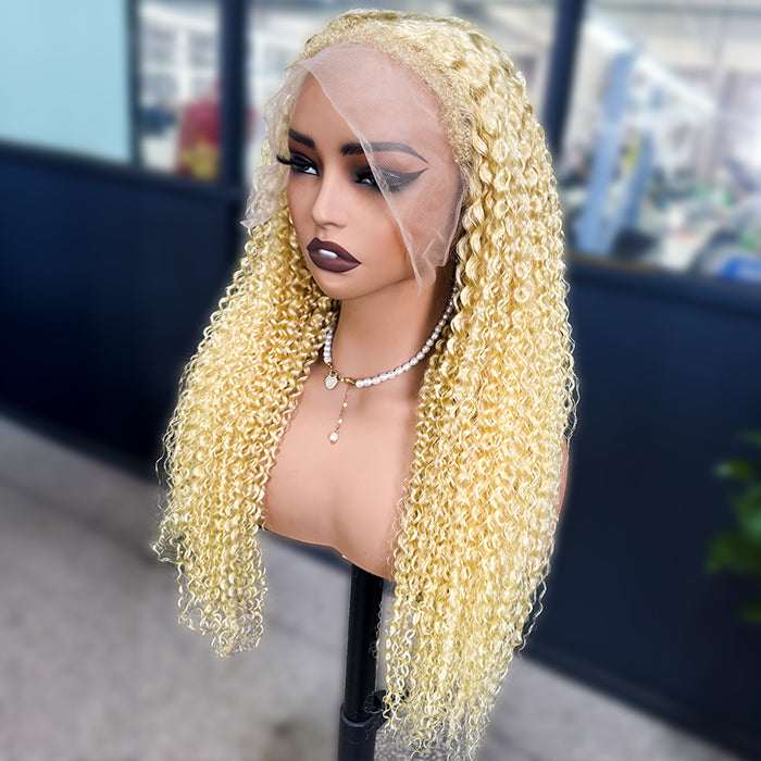 220% Density 4C Curly Edges Hairline 613 Blonde Curly Glueless Pre Cut HD Lace Wig With Realistic & Natural Hairline Baby Hair