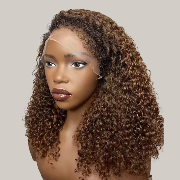 4C Curly Edges Hairline Wig Golden Brown Color Human Hair Curly Wigs 13x6 Full HD Lace Frontal Glueless Wig