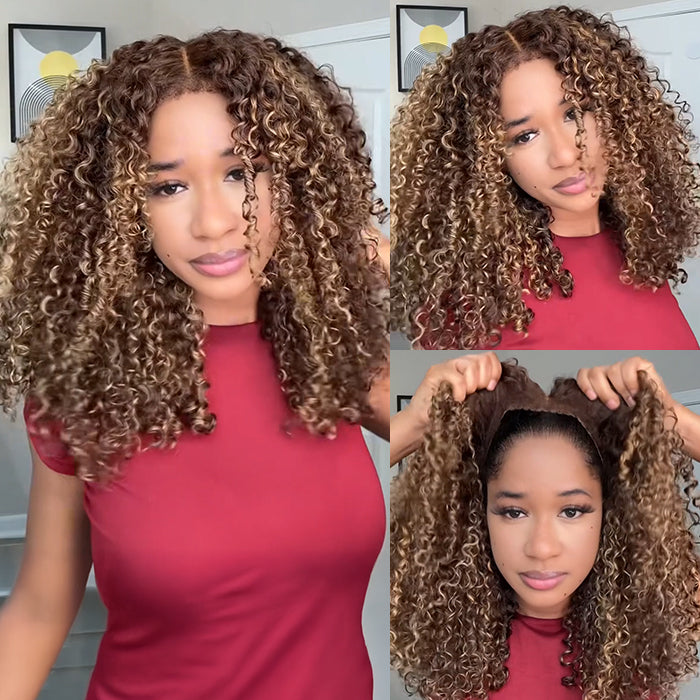 Glueless 4c Edge Blonde Highlight Curly Human Hair Lace Wig 13X4 13X6 Undetectable HD Lace Front Wig