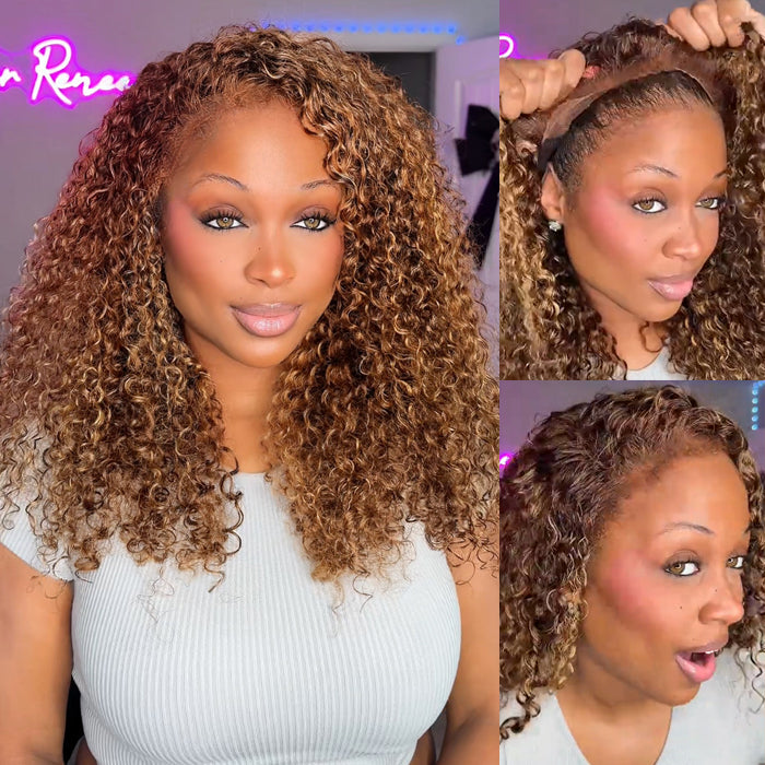 Glueless 4c Edge Blonde Highlight Curly Human Hair Lace Wig 13X4 13X6 Undetectable HD Lace Front Wig