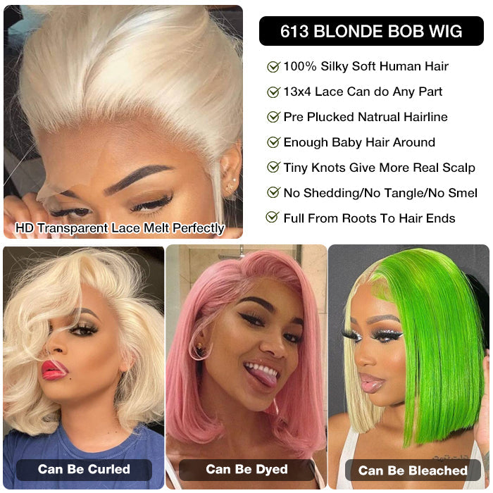 613 Blonde Straight Bob Wigs Human Hair Pre Plucked Glueless HD Lace Wig 220% Density