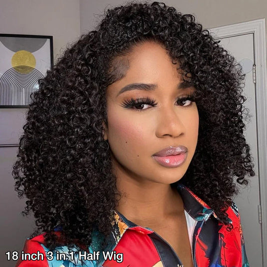 3 IN 1 Half Wig Kinky Curly Style Draw-strings Half Wig Invisible Hairline Flip Over Wig 220% Density