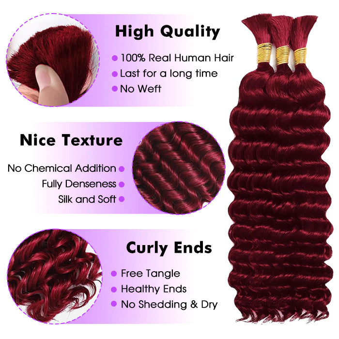 Deep Wave Colored Bulk Hair 100% Human Hair Extensions Bulk for Boho Knotless Braiding