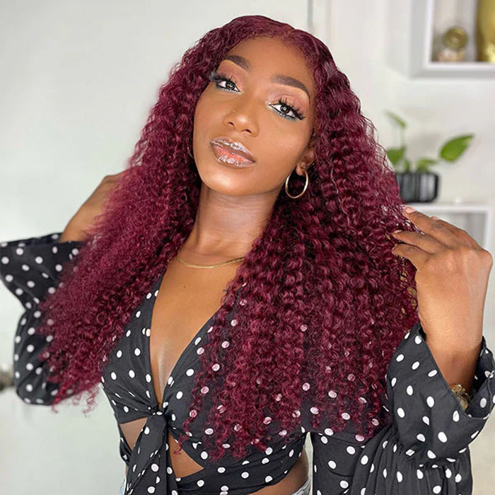 4C Curly Edges Hairline Wig 99J Burgundy Color 13x6 Full HD Lace Glueless Human Hair Curly Wigs