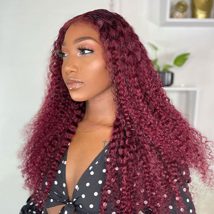 4C Curly Edges Hairline Wig 99J Burgundy Color 13x6 Full HD Lace Glueless Human Hair Curly Wigs