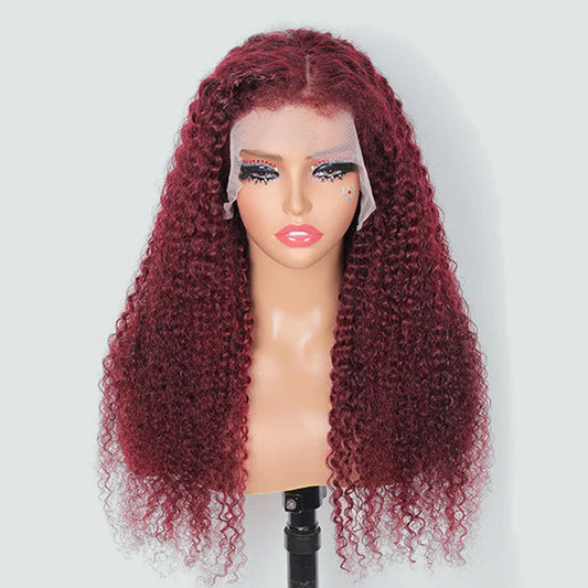 4C Curly Edges Hairline Wig 99J Burgundy Color 13x6 Full HD Lace Glueless Human Hair Curly Wigs