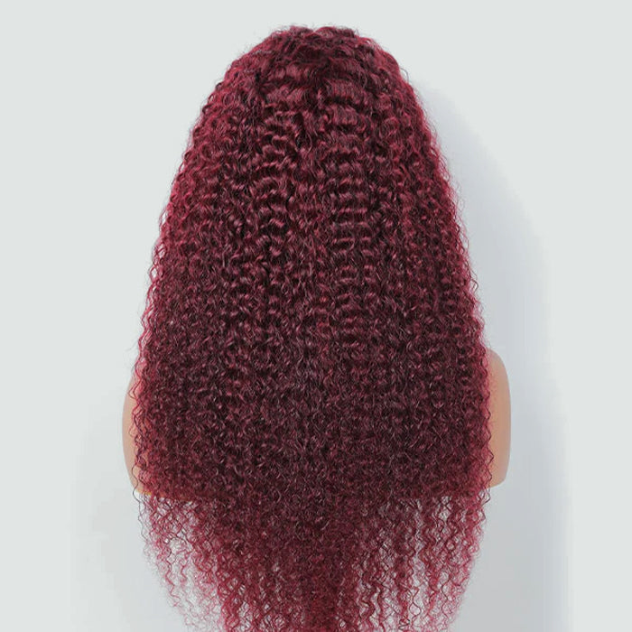 4C Curly Edges Hairline Wig 99J Burgundy Color 13x6 Full HD Lace Glueless Human Hair Curly Wigs