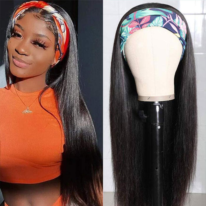 Headband Wig Straight Human Hair No Gel No Glue Silk Scarf Wigs