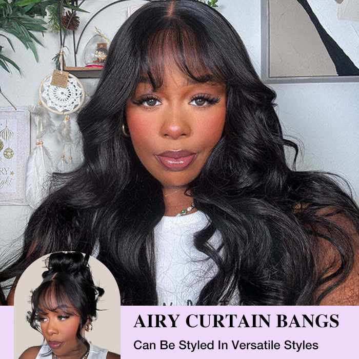 Air Bangs Body Wave 8x5 HD Gluless Wig Pre Cut Pre Bleached Natural Human Hair Wigs 10A Quality