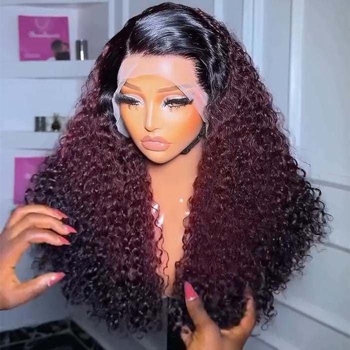 300% Density Ombre 99J Burgundy Curly Wigs Super Double Drawn Virgin Human Hair HD Transparent Lace Front Wigs Salon-Quality