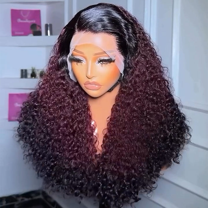 300% Density Ombre 99J Burgundy Curly Wigs Super Double Drawn Virgin Human Hair HD Transparent Lace Front Wigs Salon-Quality